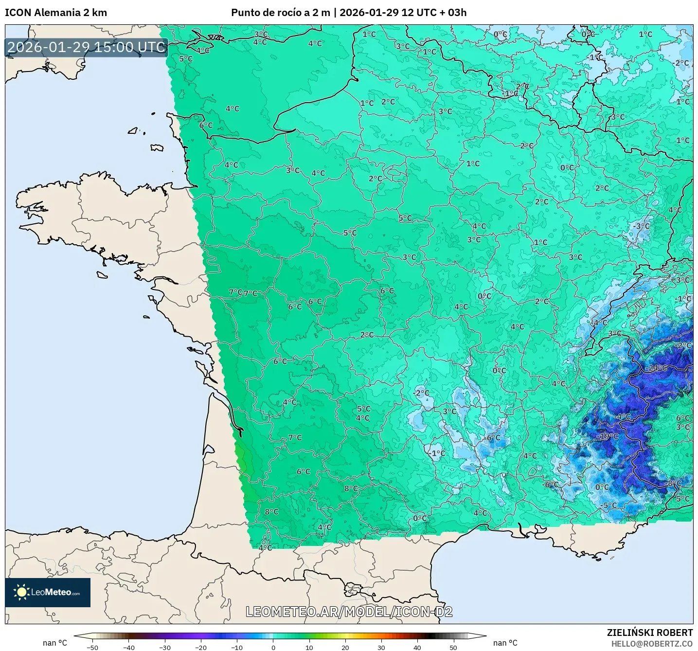 ICON Alemanha 2 km model - França, Ponto de orvalho a 2 m