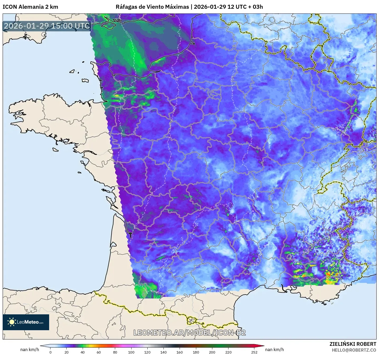 ICON Alemanha 2 km model - França, Rajadas de Vento Máximas