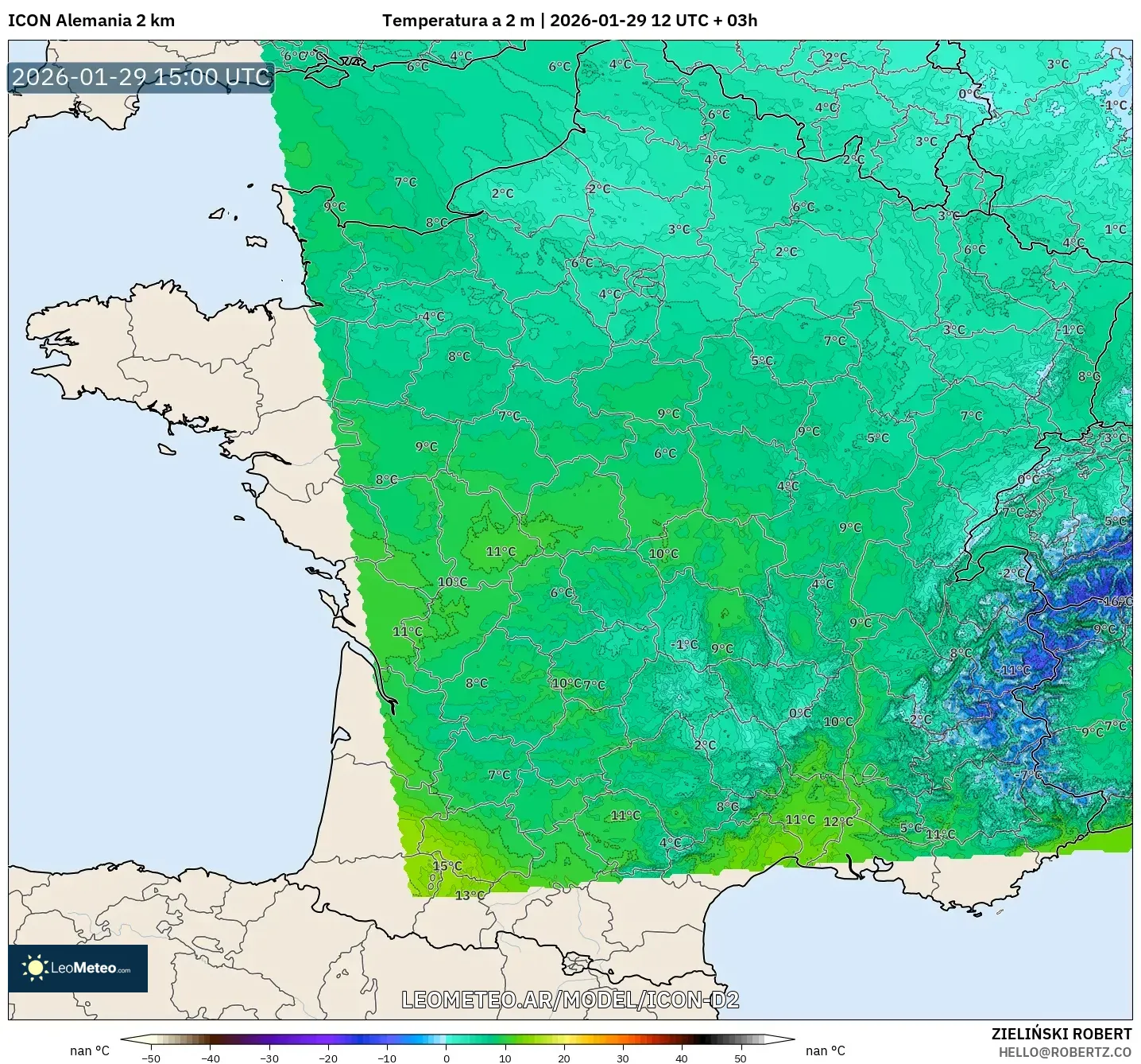 ICON Alemanha 2 km model - França, Temperatura a 2 m