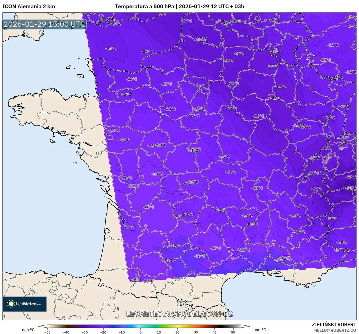 ICON Alemanha 2 km model - França, Temperatura a 500 hPa
