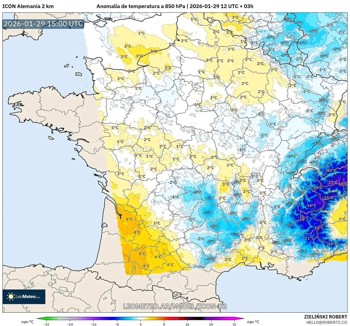 ICON Alemanha 2 km model - França, Anomalia de temperatura a 850 hPa