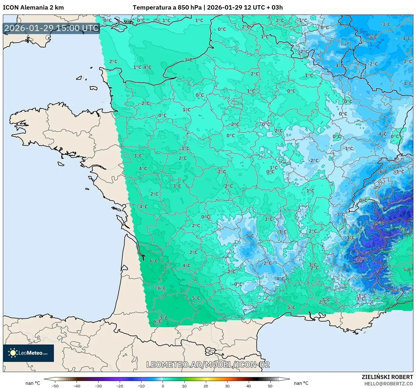 ICON Alemanha 2 km model - França, Temperatura a 850 hPa