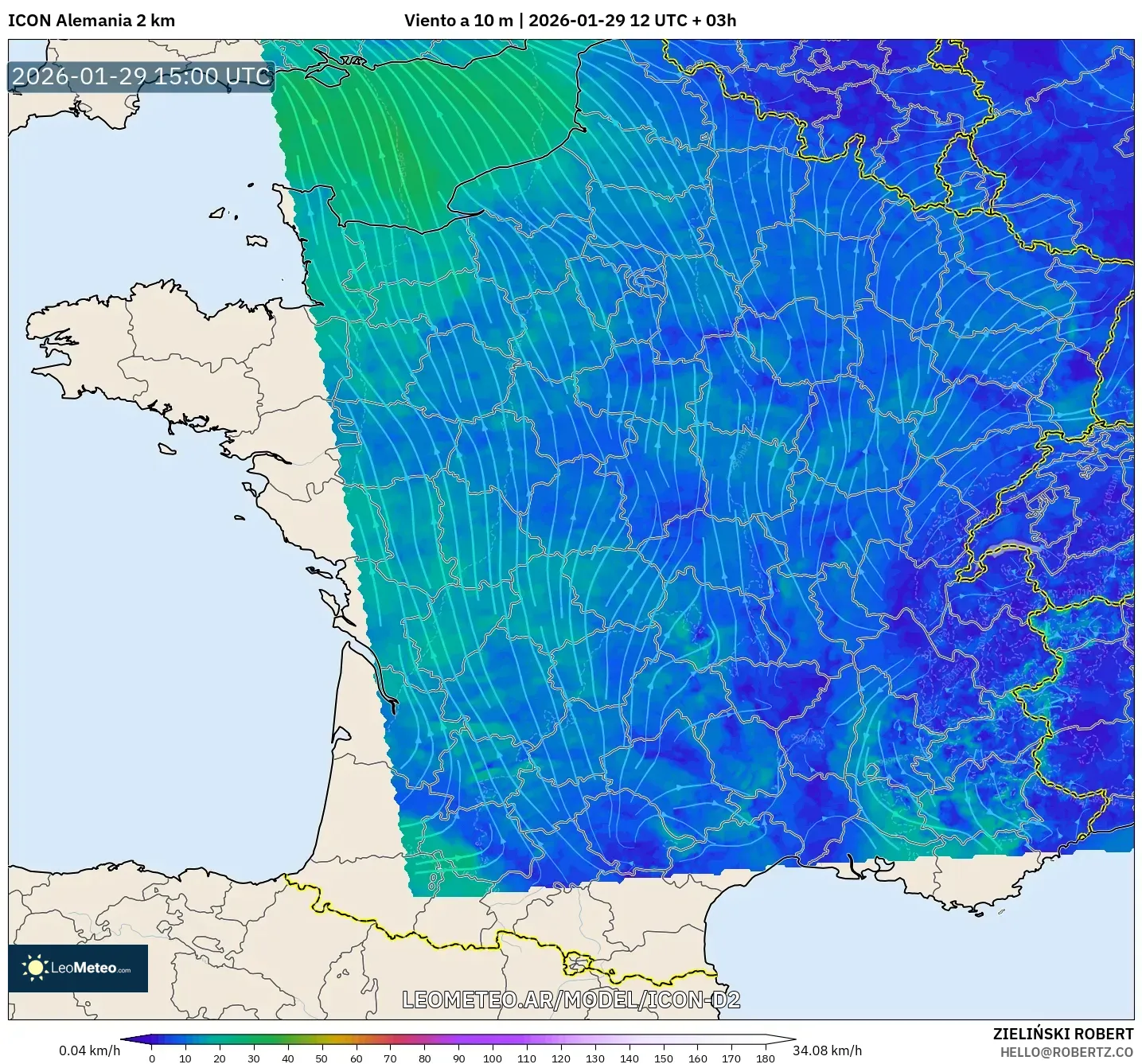 ICON Alemanha 2 km model - França, Vento a 10 m