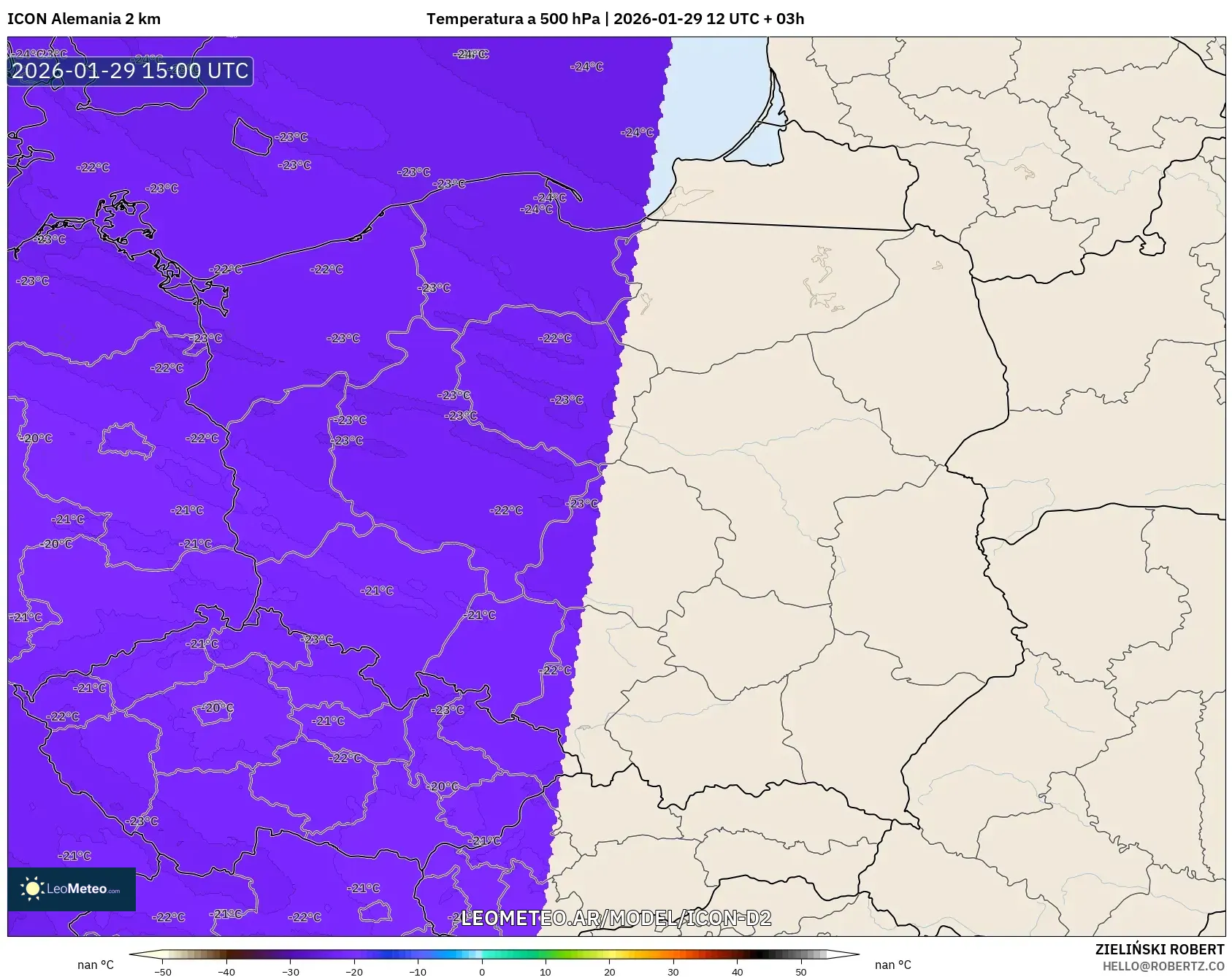 ICON Alemanha 2 km model - Polônia, Temperatura a 500 hPa