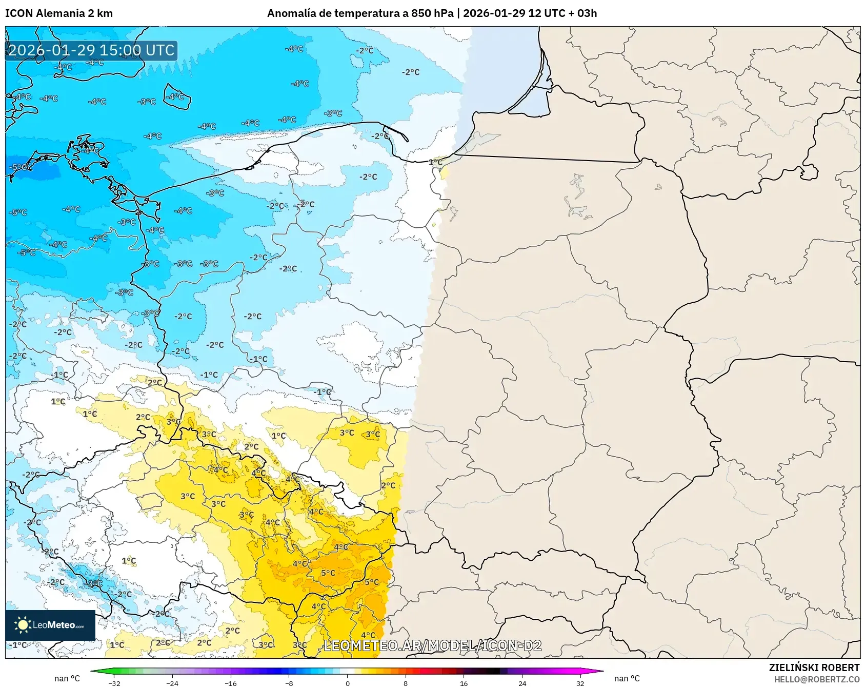 ICON Alemanha 2 km model - Polônia, Anomalia de temperatura a 850 hPa