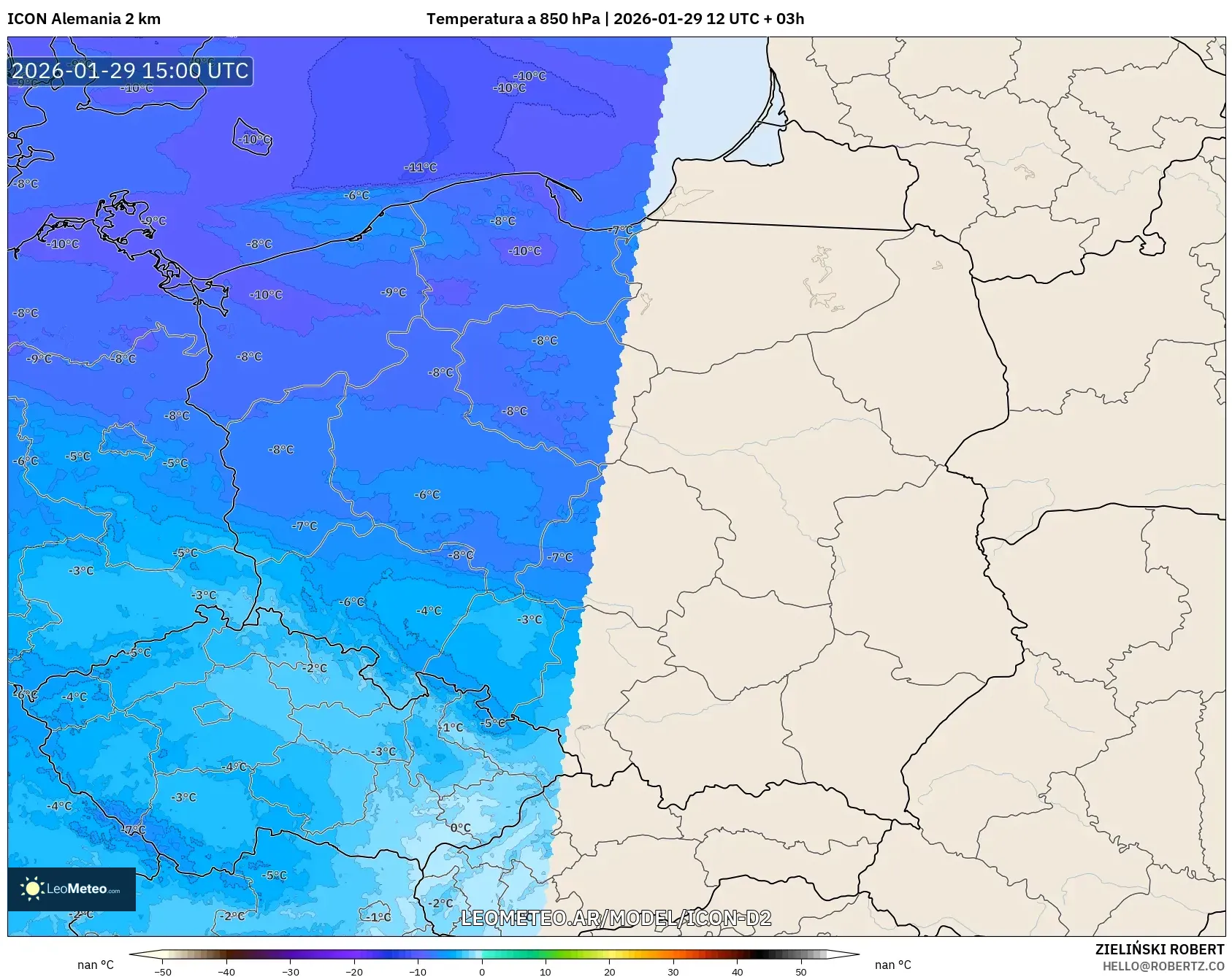 ICON Alemanha 2 km model - Polônia, Temperatura a 850 hPa