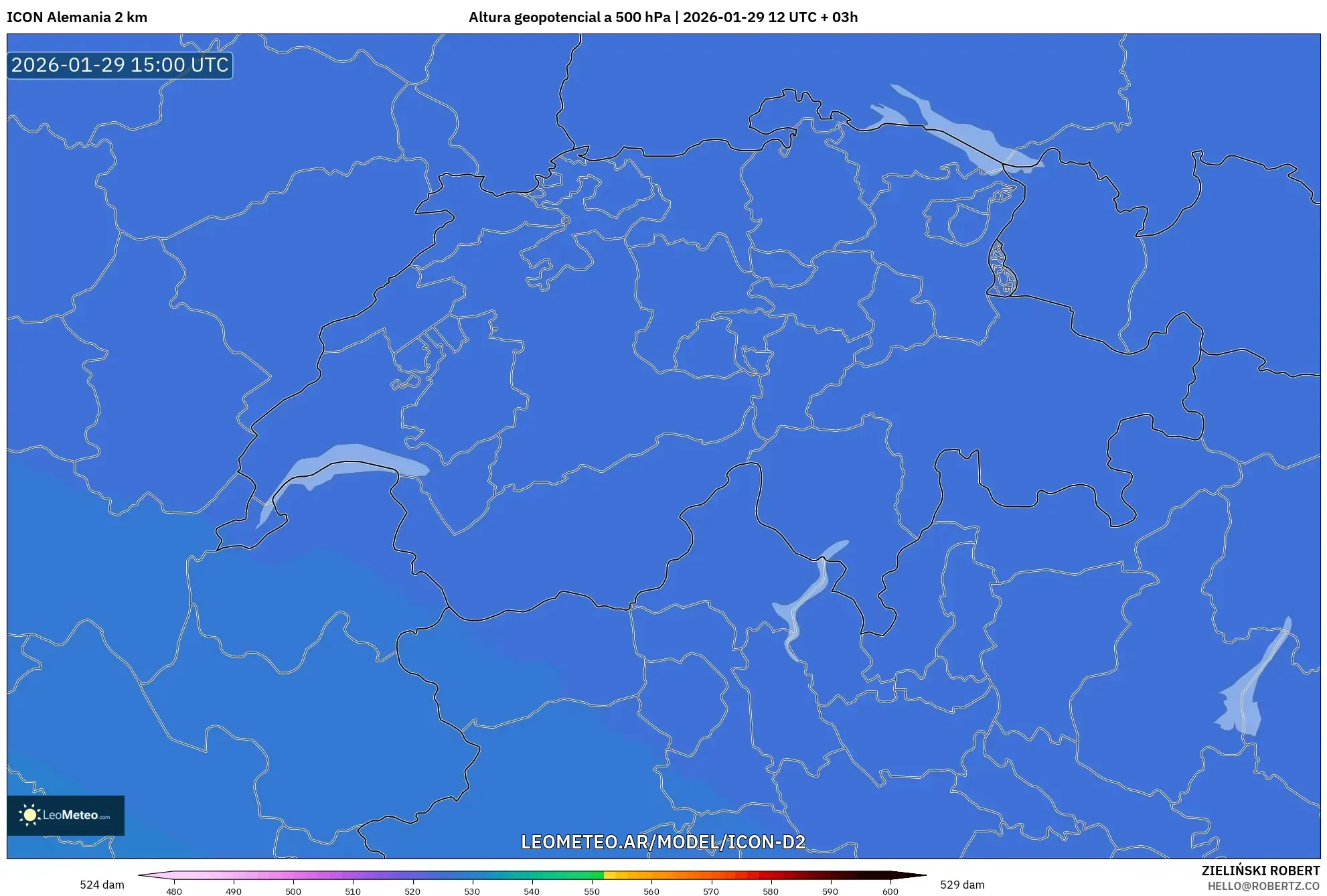 ICON Alemanha 2 km model - Suíça, Altura geopotencial a 500 hPa