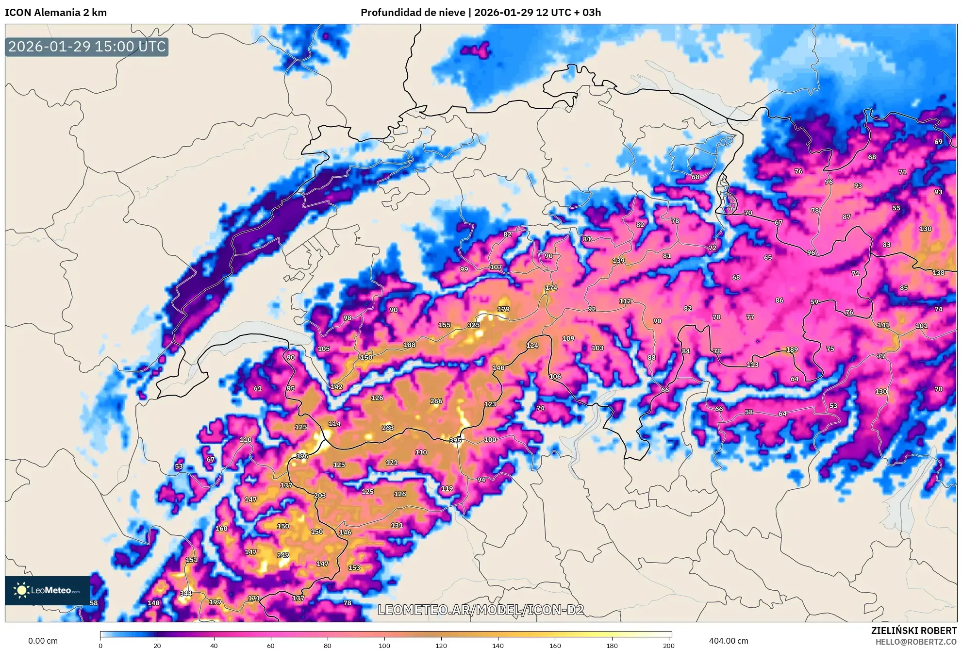 ICON Alemanha 2 km model - Suíça, Profundidade da neve