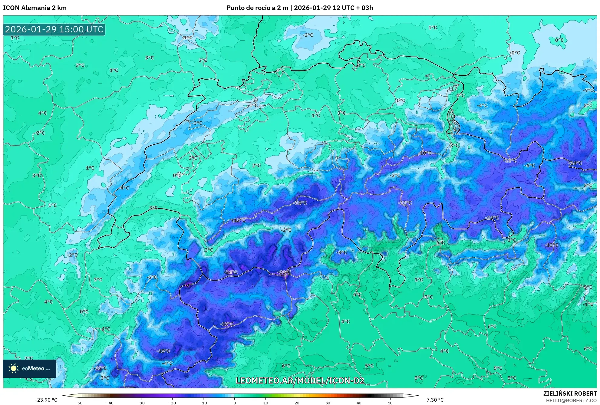 ICON Alemanha 2 km model - Suíça, Ponto de orvalho a 2 m