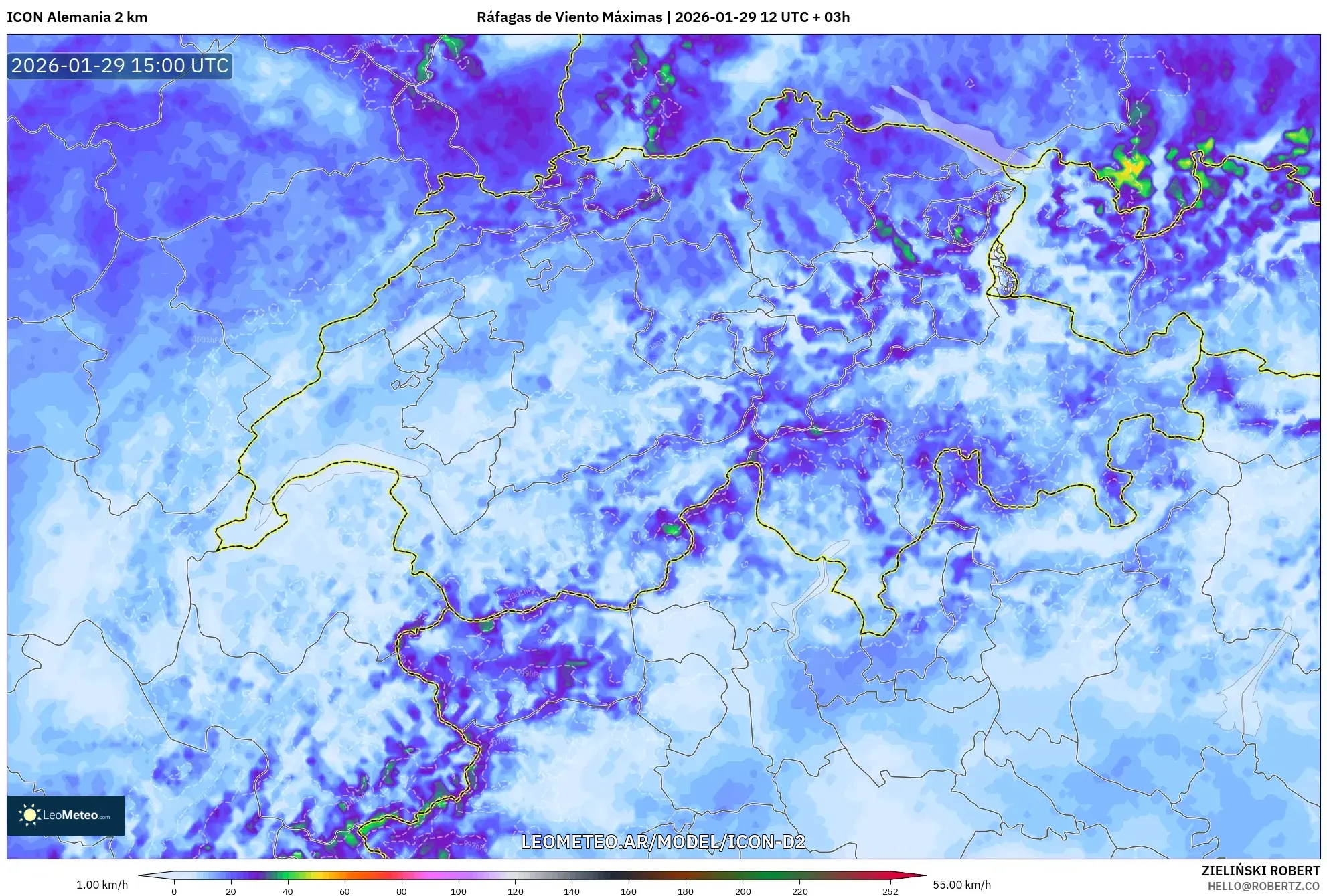 ICON Alemanha 2 km model - Suíça, Rajadas de Vento Máximas
