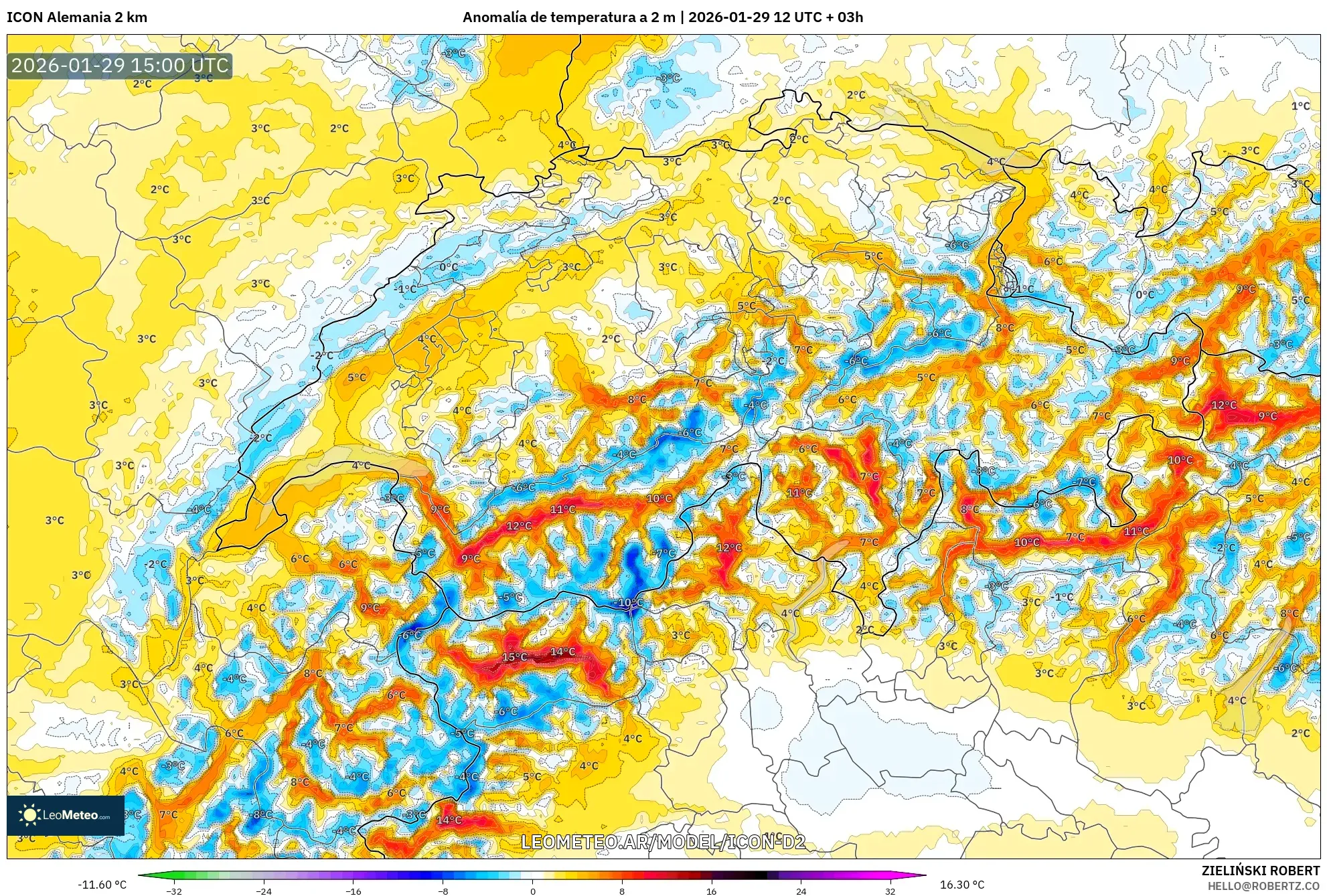 ICON Alemanha 2 km model - Suíça, Anomalia de temperatura a 2 m