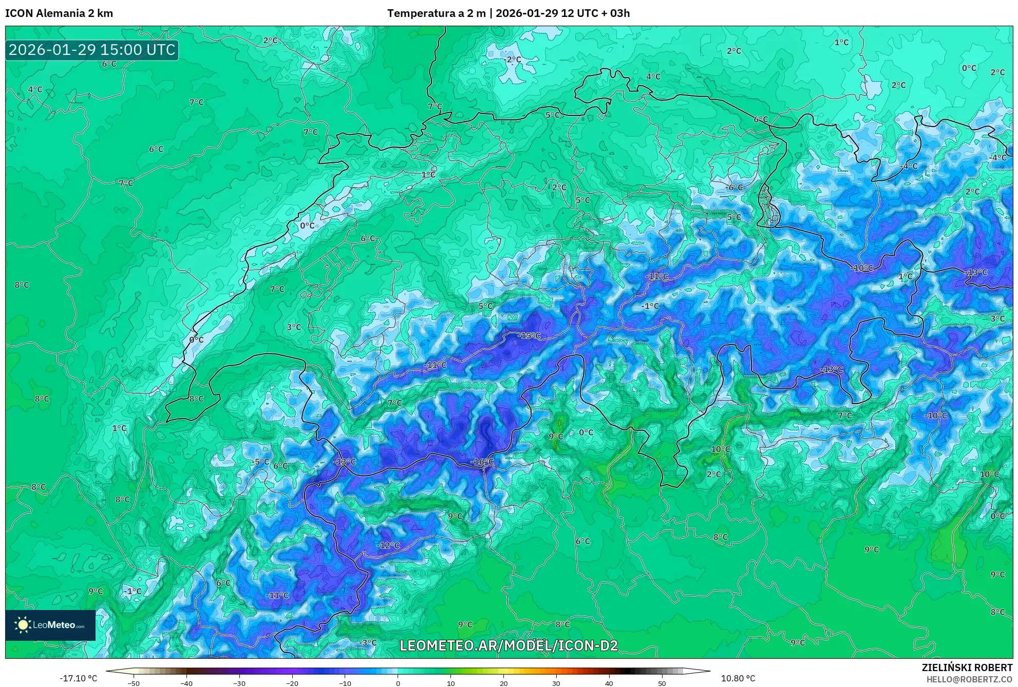 ICON Alemanha 2 km model - Suíça, Temperatura a 2 m