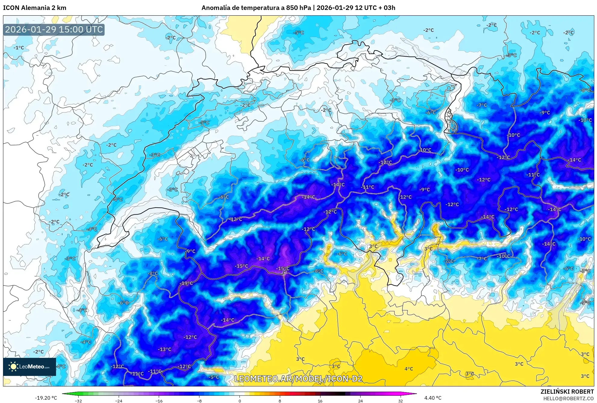 ICON Alemanha 2 km model - Suíça, Anomalia de temperatura a 850 hPa