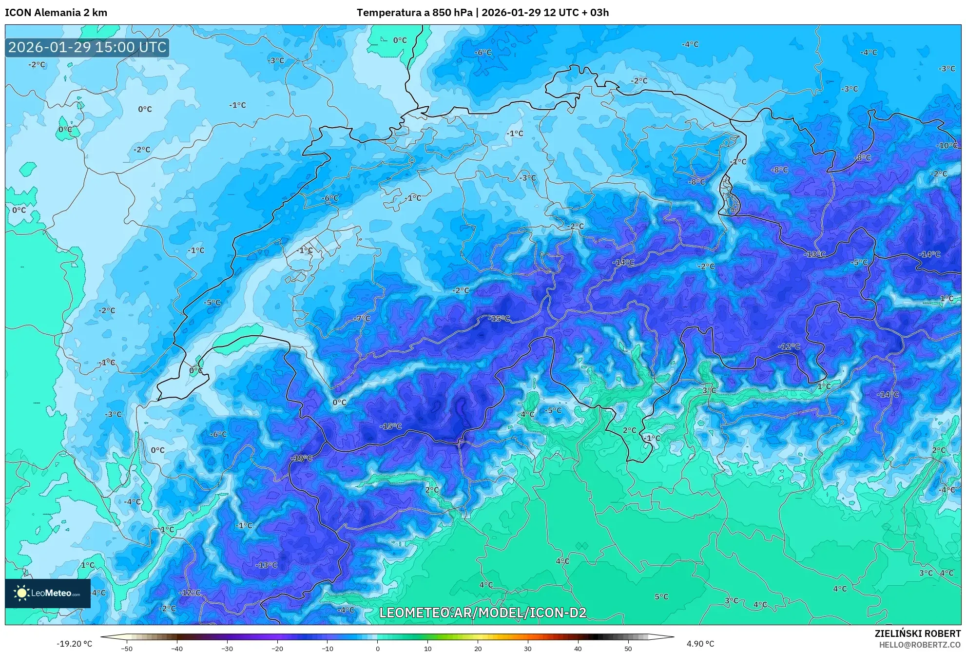 ICON Alemanha 2 km model - Suíça, Temperatura a 850 hPa