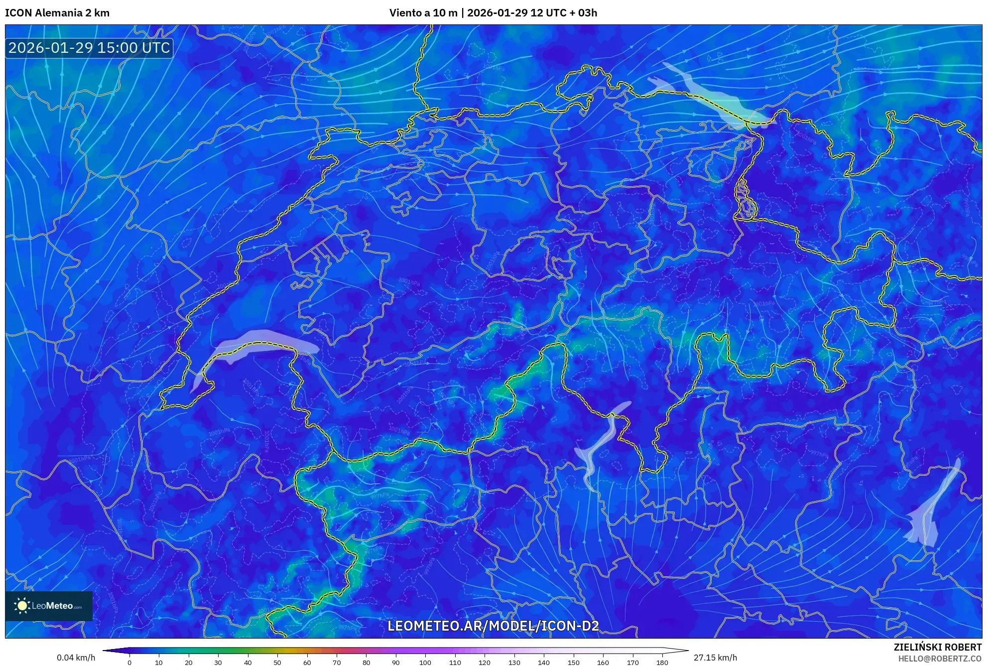 ICON Alemanha 2 km model - Suíça, Vento a 10 m
