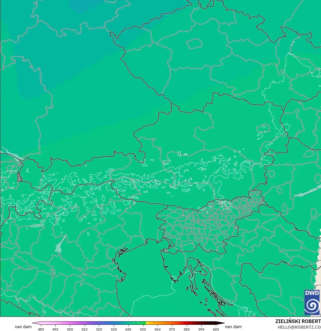 ICON Alemanha 2 km modelo - Áustria, Altura geopotencial a 500 hPa