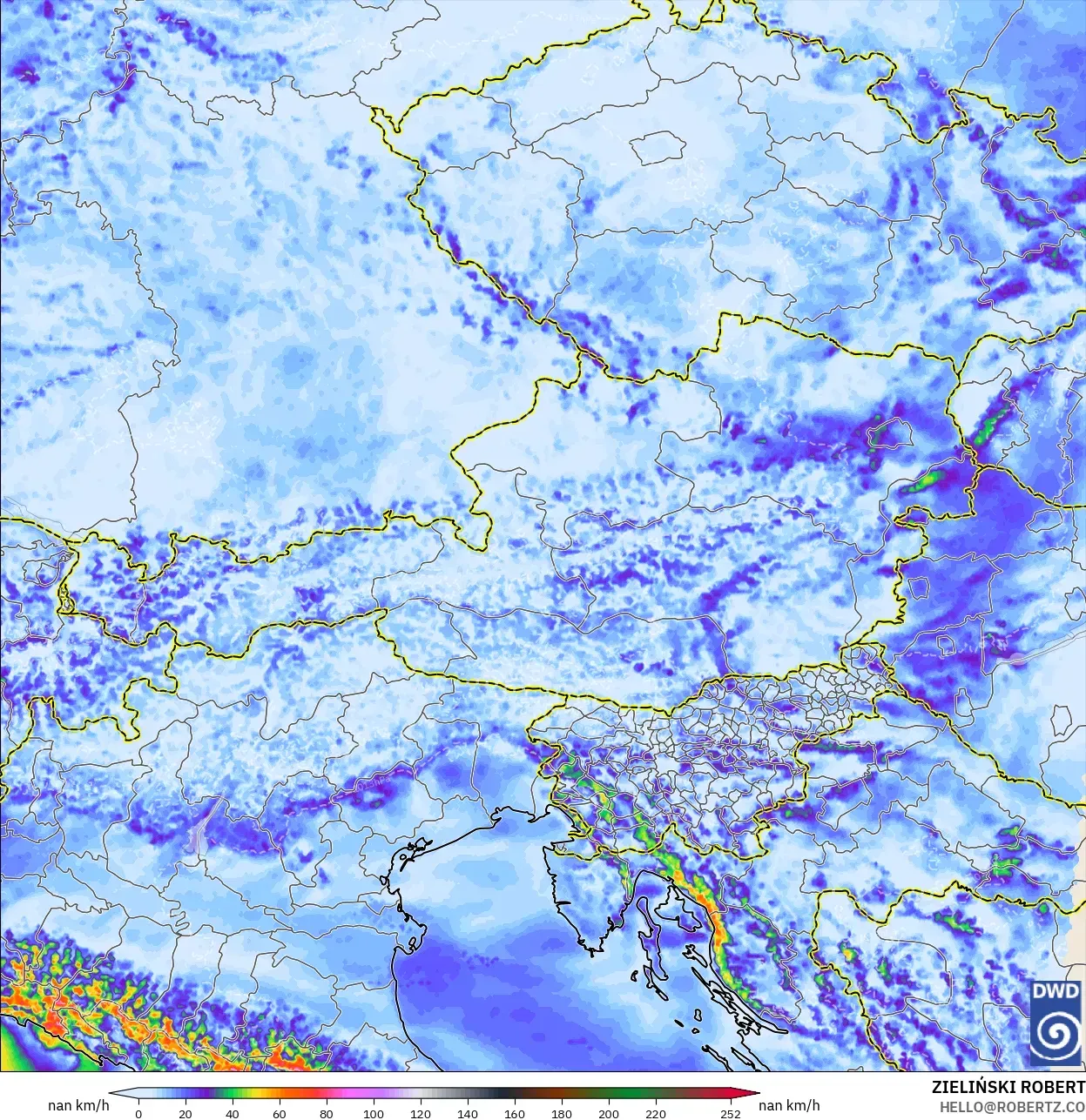ICON Alemanha 2 km modelo - Áustria, Rajadas de Vento Máximas