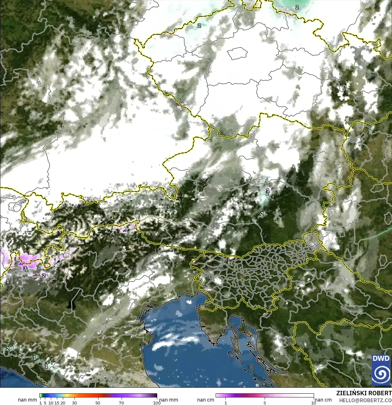 ICON Alemanha 2 km modelo - Áustria, Precipitação, nuvens e pressão