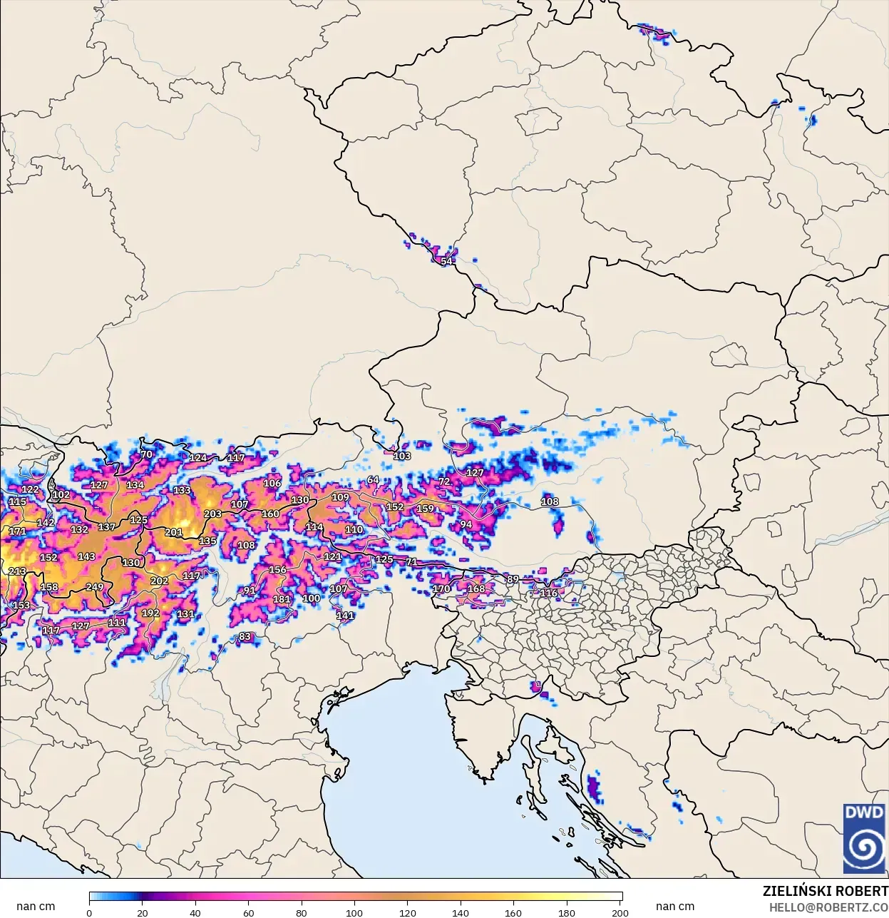 ICON Alemanha 2 km modelo - Áustria, Profundidade da neve