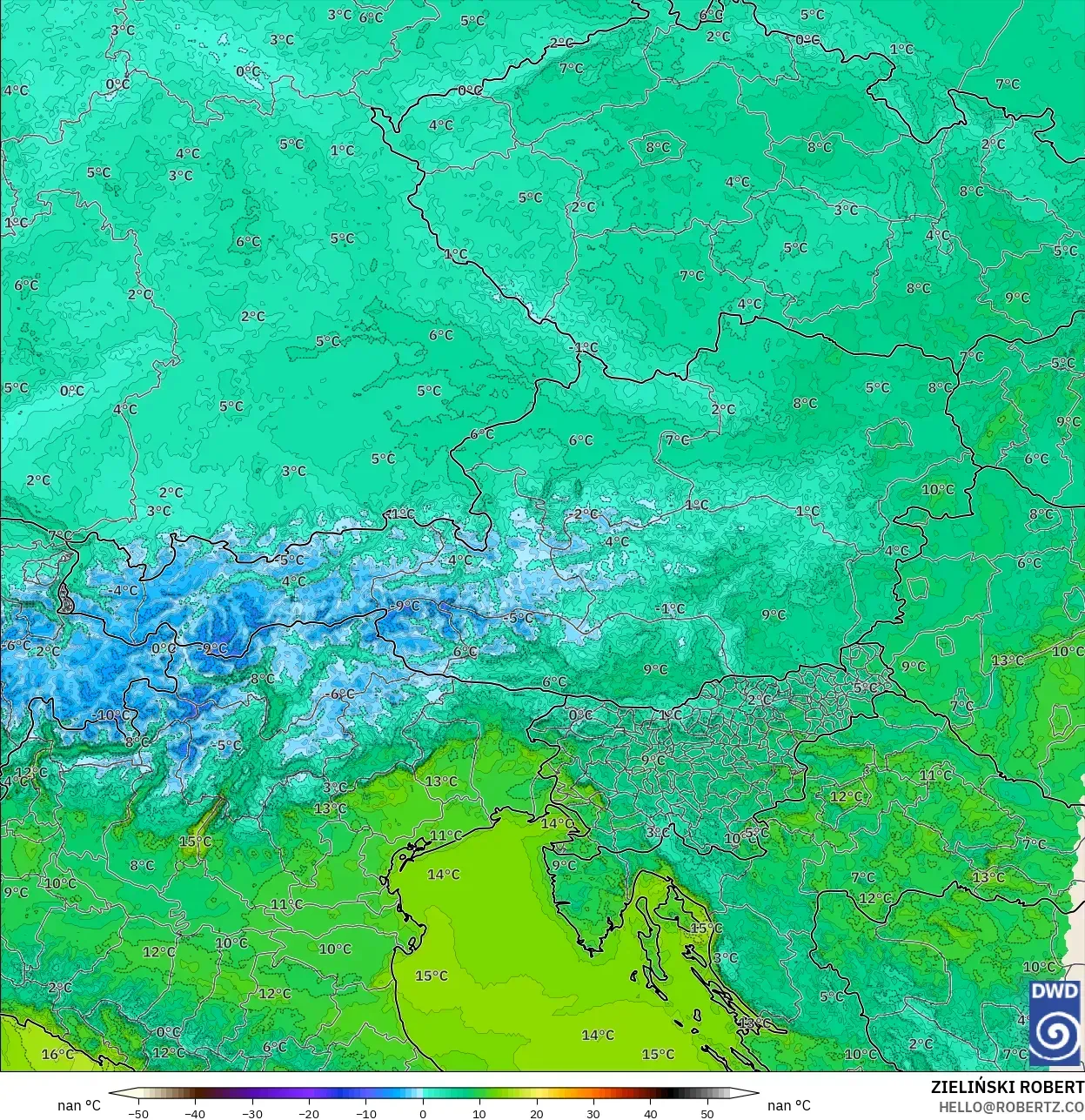 ICON Alemanha 2 km modelo - Áustria, Temperatura a 2 m