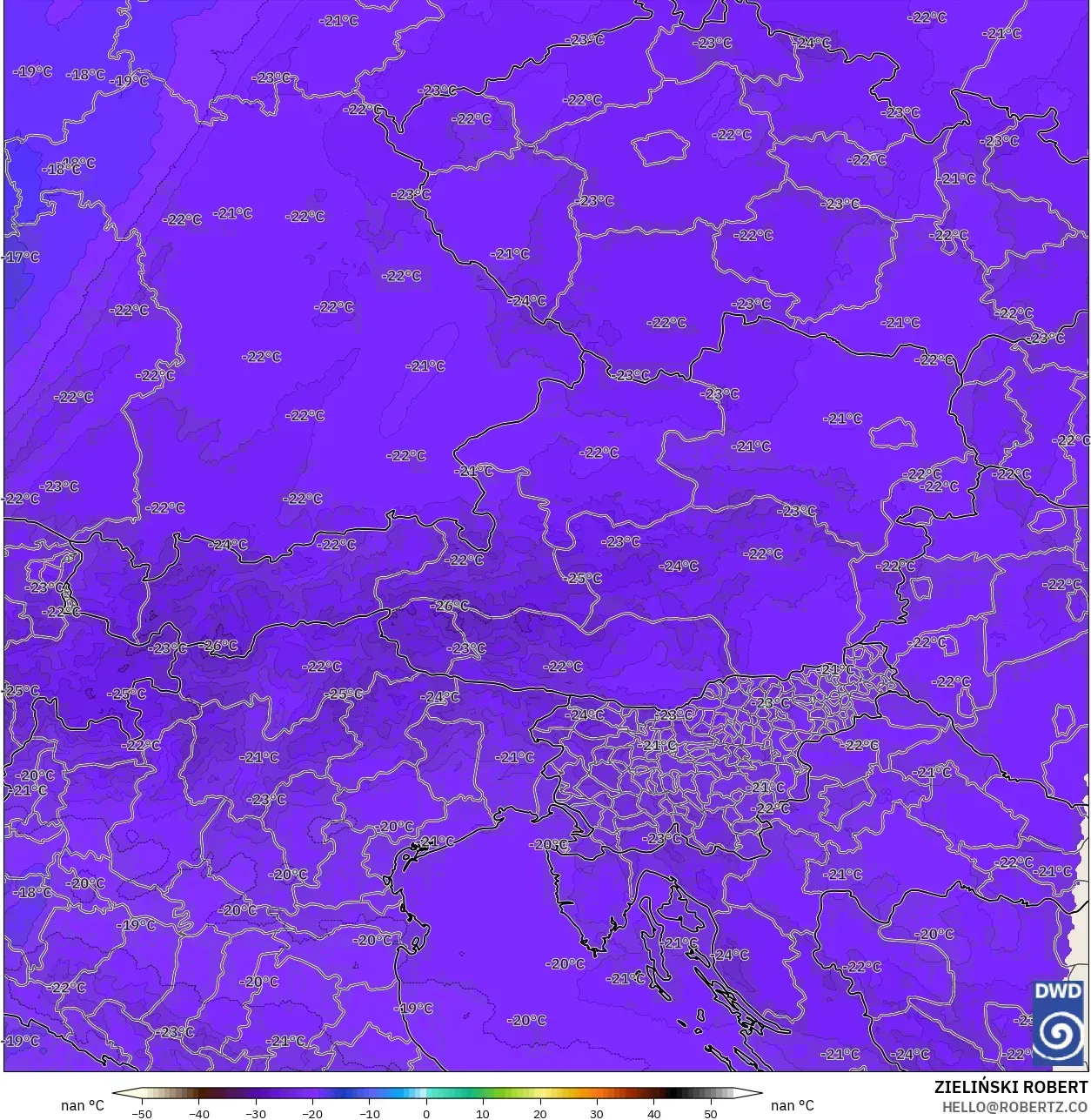 ICON Alemanha 2 km modelo - Áustria, Temperatura a 500 hPa