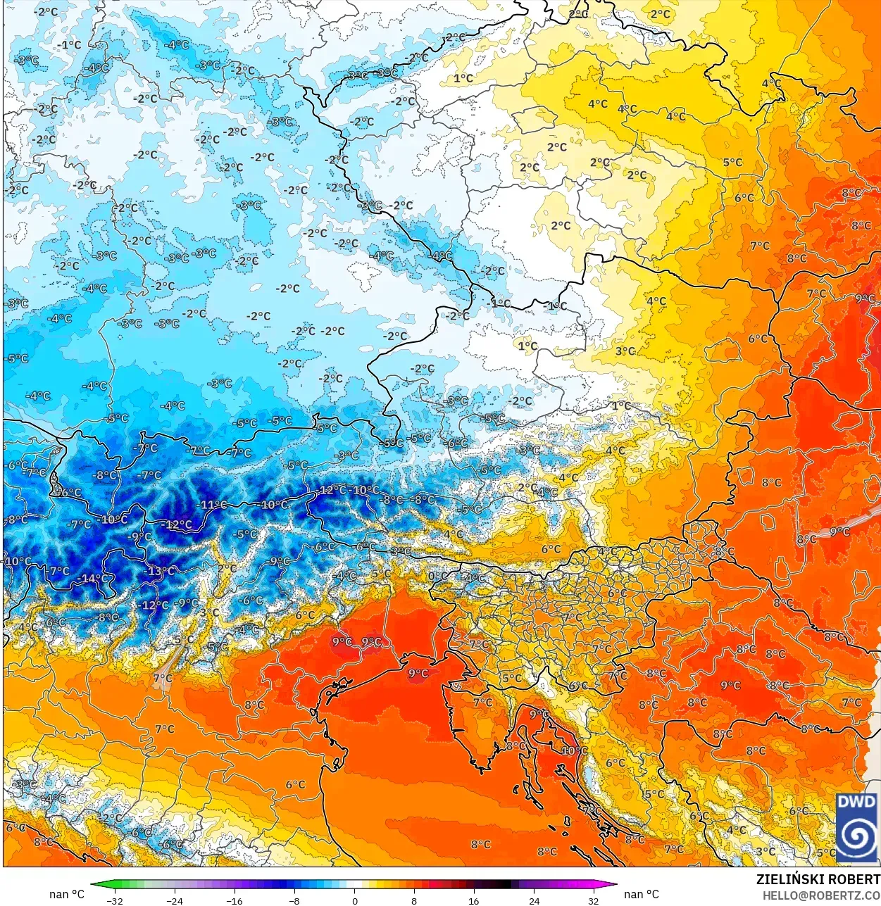 ICON Alemanha 2 km modelo - Áustria, Anomalia de temperatura a 850 hPa