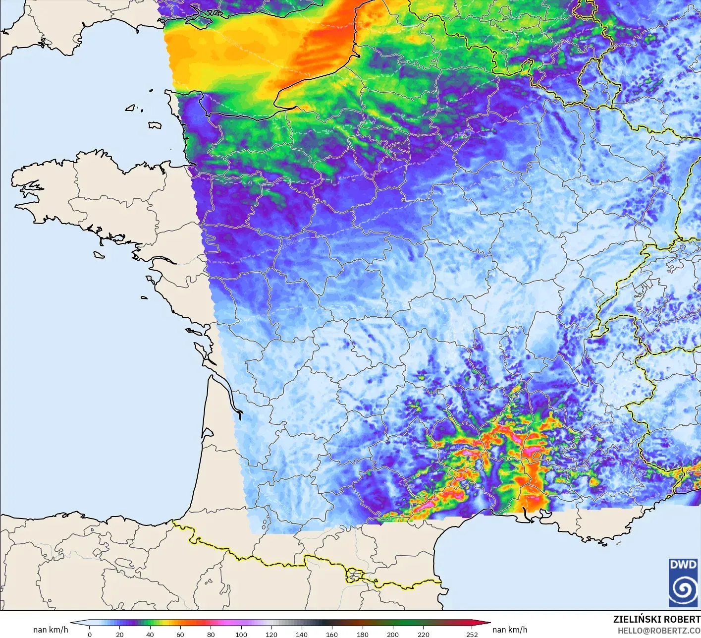 ICON Alemanha 2 km modelo - França, Rajadas de vento