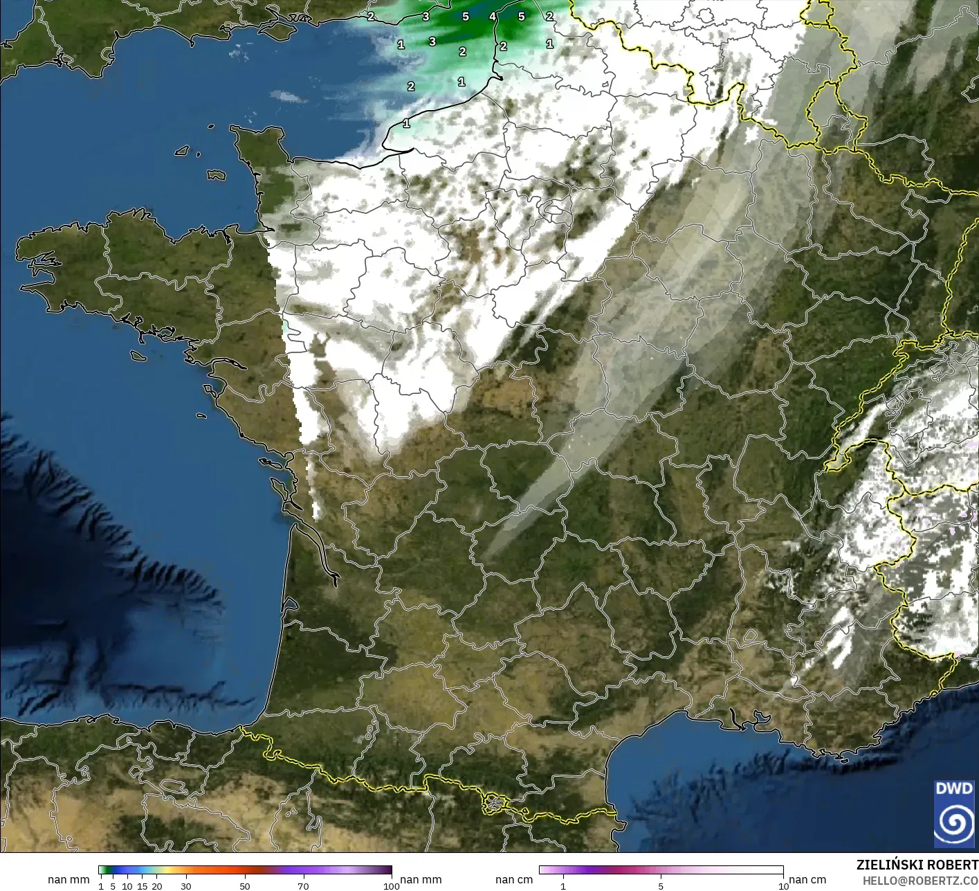 ICON Alemanha 2 km modelo - França, Precipitação, nuvens e pressão