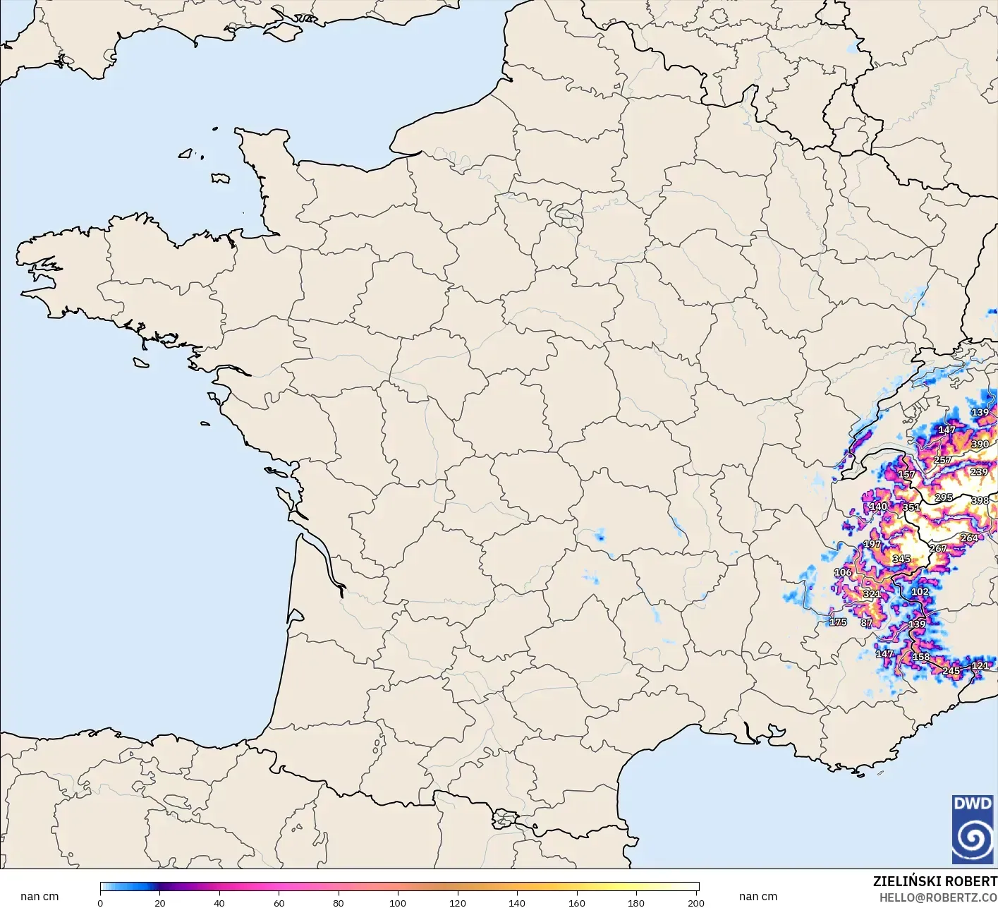 ICON Alemanha 2 km modelo - França, Profundidade da neve