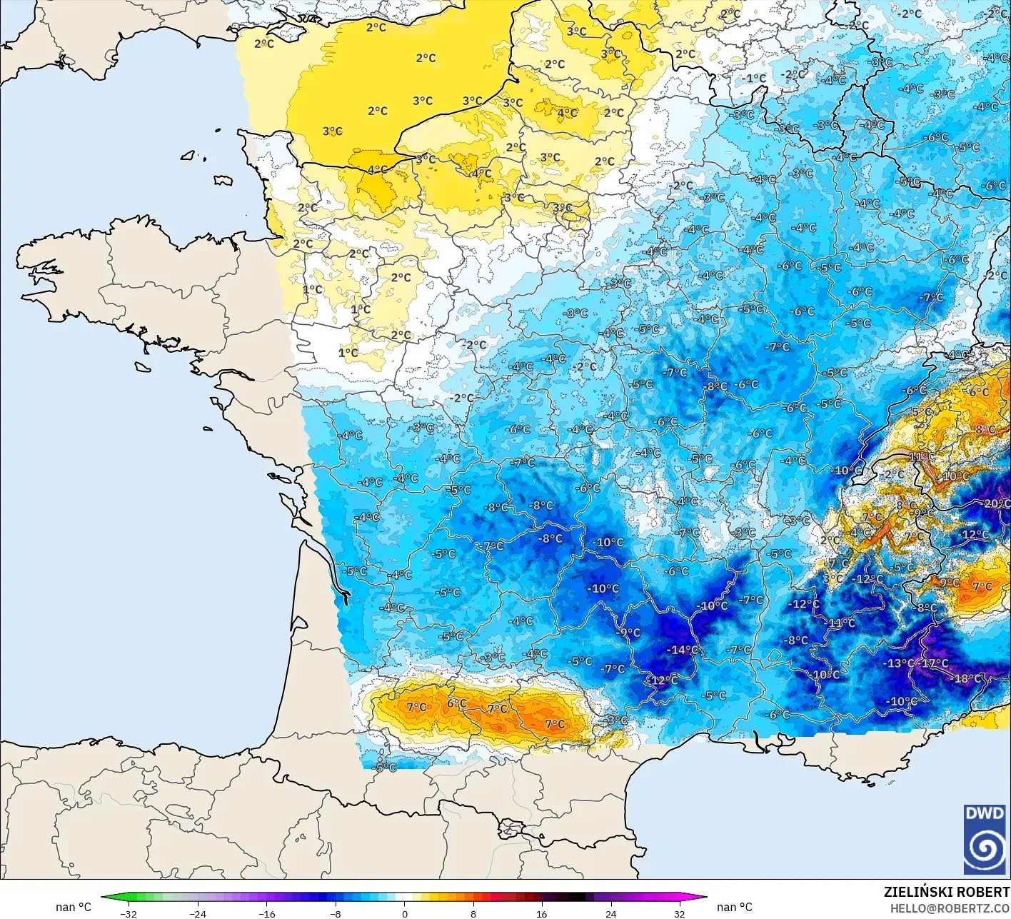 ICON Alemanha 2 km modelo - França, Anomalia de temperatura a 2 m