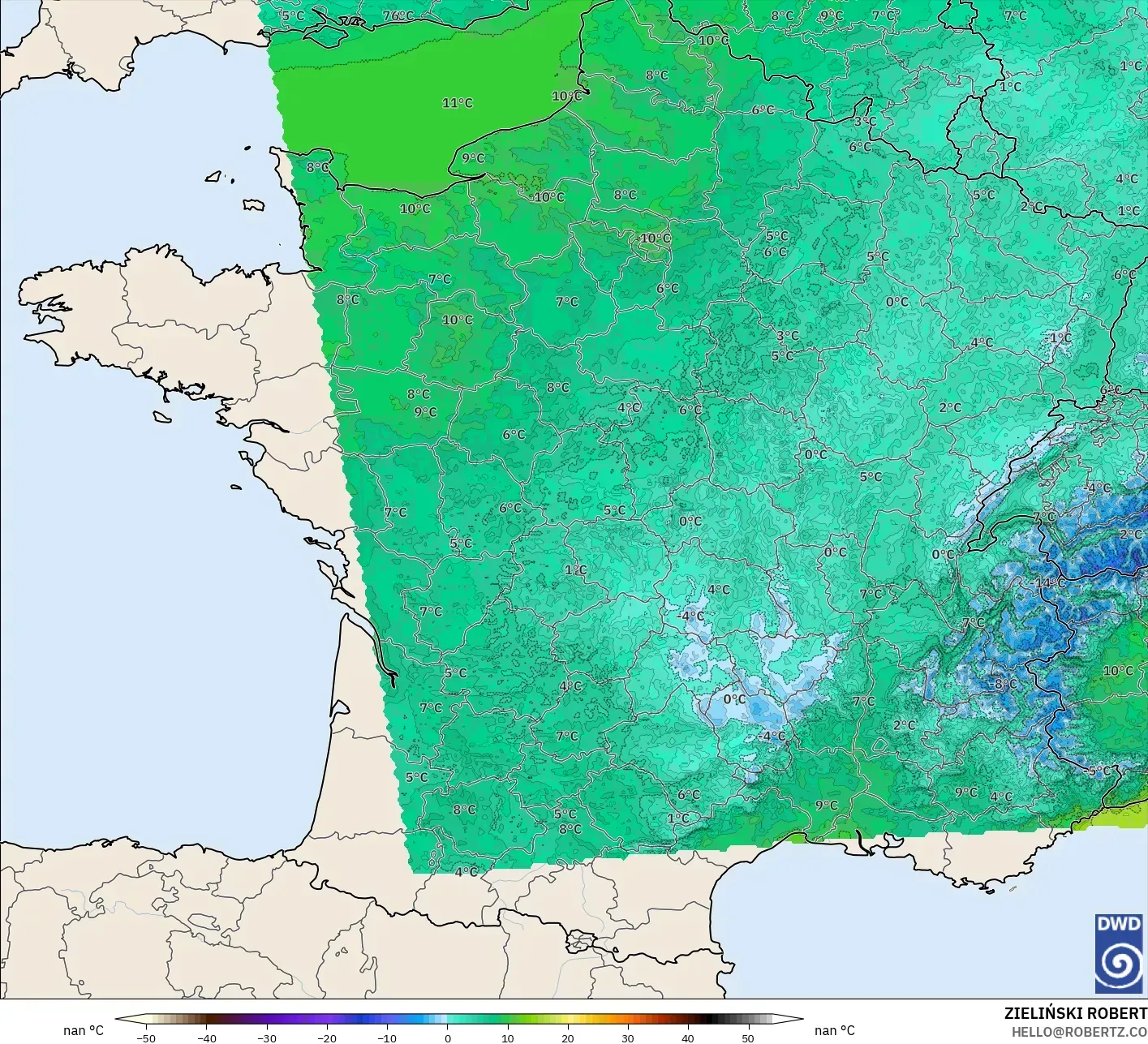 ICON Alemanha 2 km modelo - França, Temperatura a 2 m