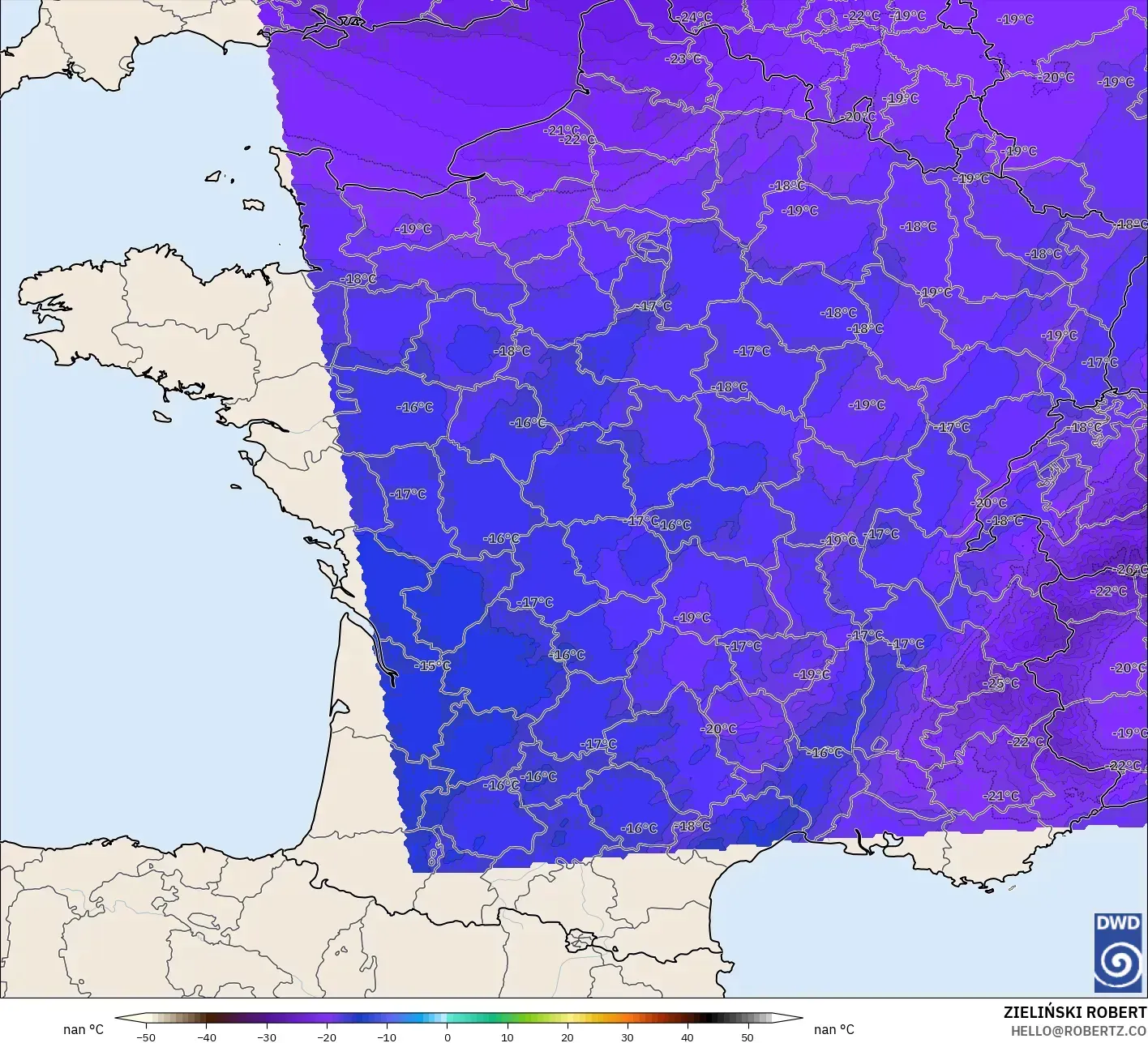 ICON Alemanha 2 km modelo - França, Temperatura a 500 hPa