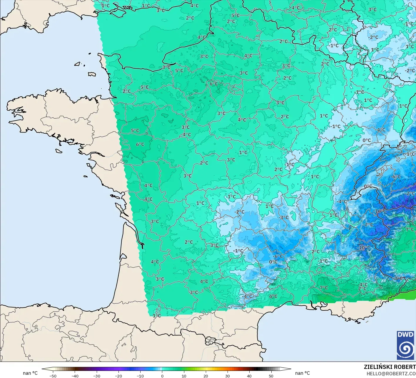 ICON Alemanha 2 km modelo - França, Temperatura a 850 hPa