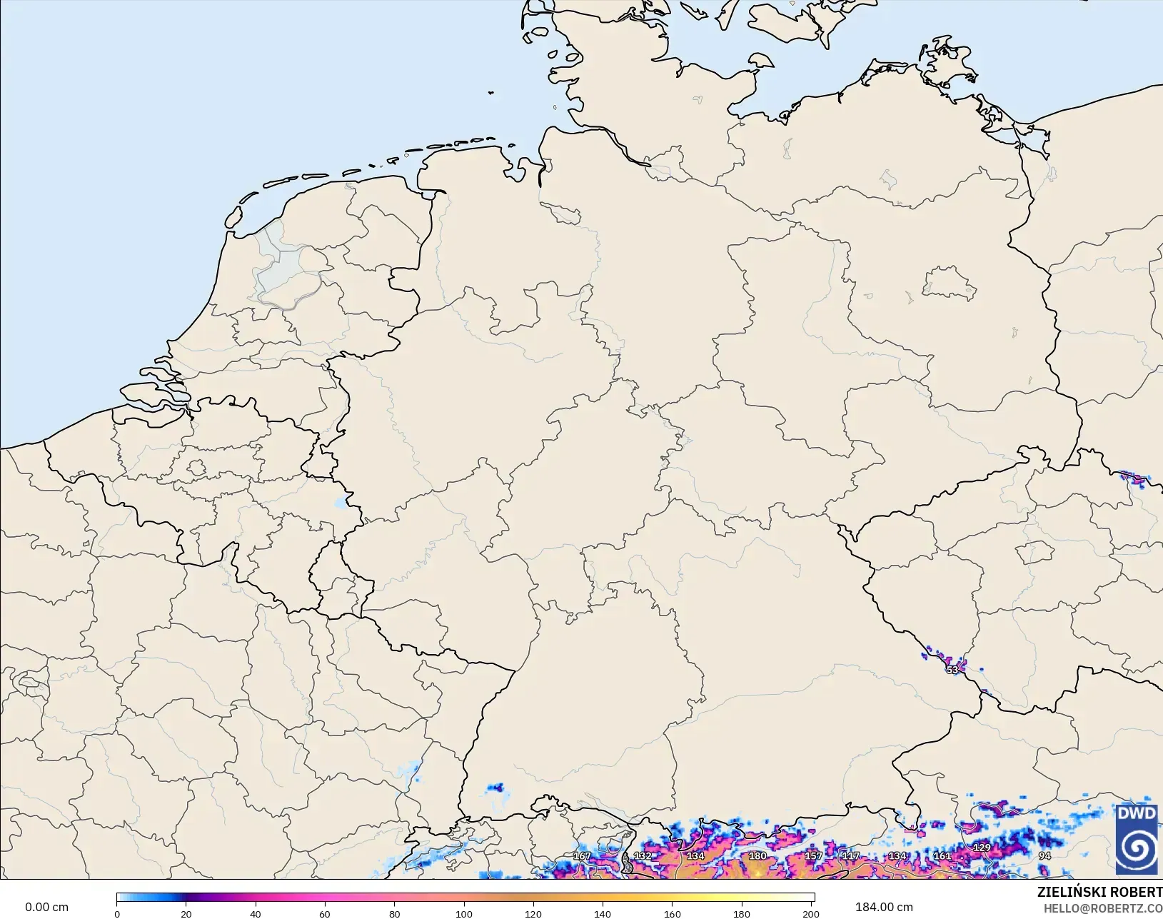 ICON Alemanha 2 km modelo - Alemanha, Profundidade da neve