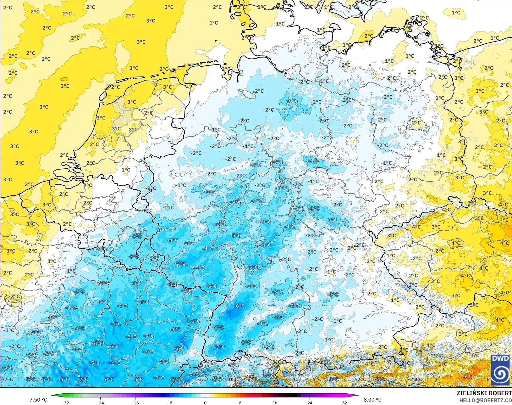 ICON Alemanha 2 km modelo - Alemanha, Anomalia de temperatura a 2 m
