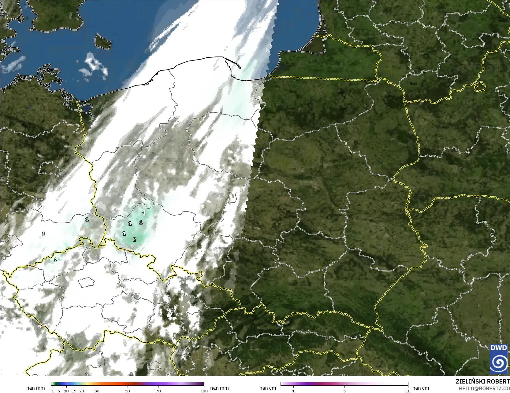 ICON Alemanha 2 km modelo - Polônia, Precipitação, nuvens e pressão