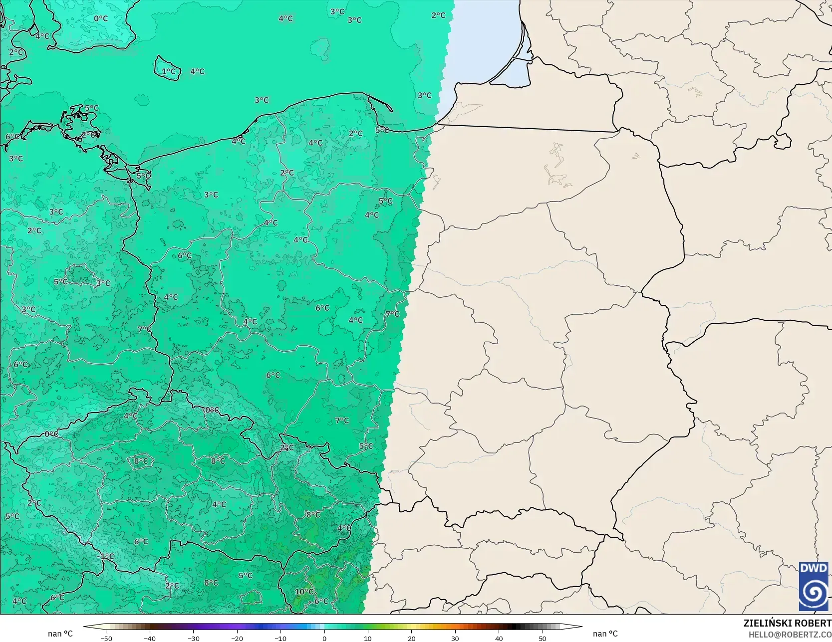 ICON Alemanha 2 km modelo - Polônia, Temperatura a 2 m