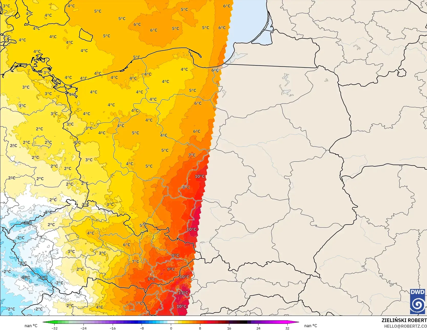 ICON Alemanha 2 km modelo - Polônia, Anomalia de temperatura a 850 hPa