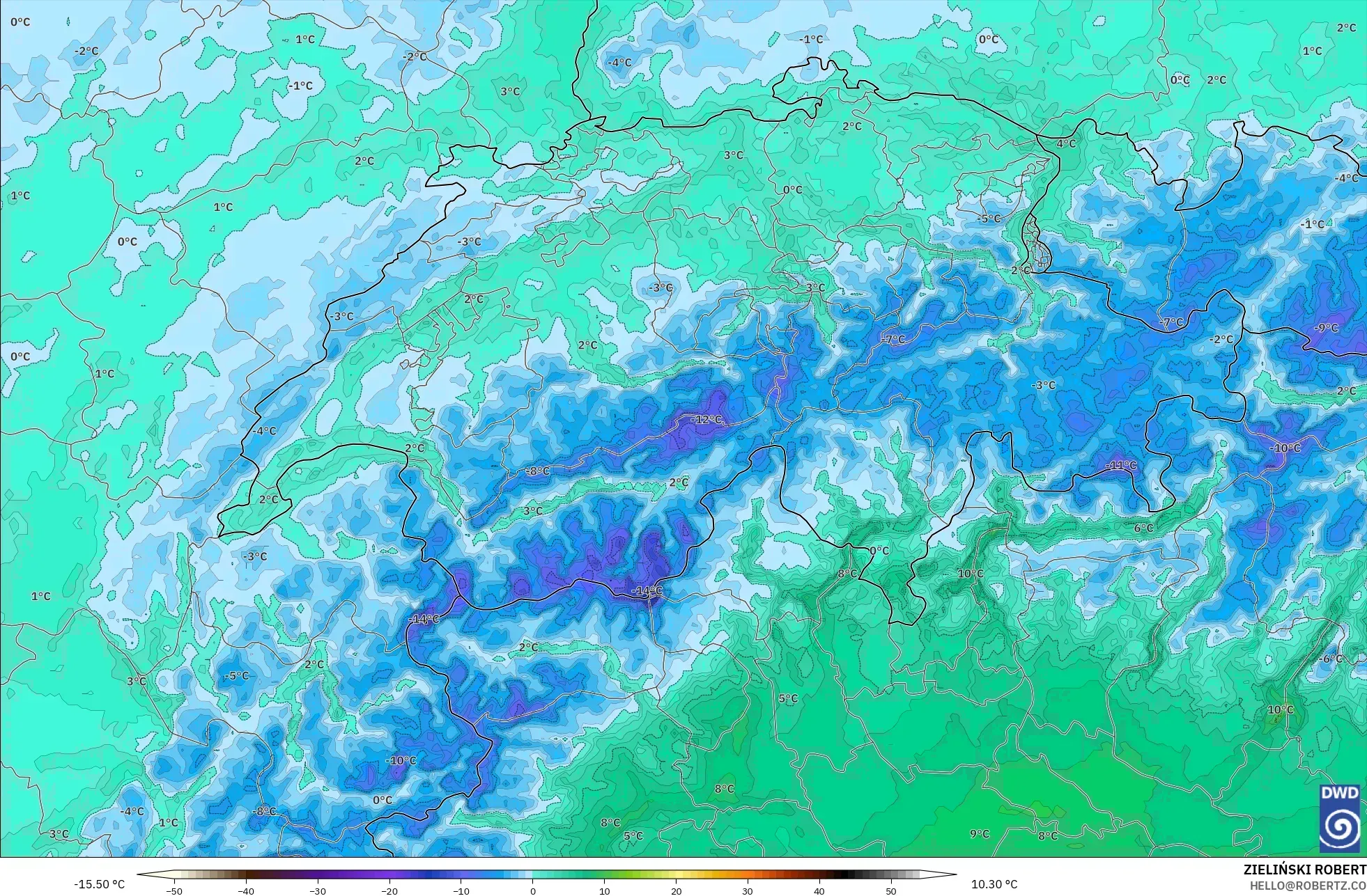 ICON Alemanha 2 km modelo - Suíça, Ponto de orvalho a 2 m