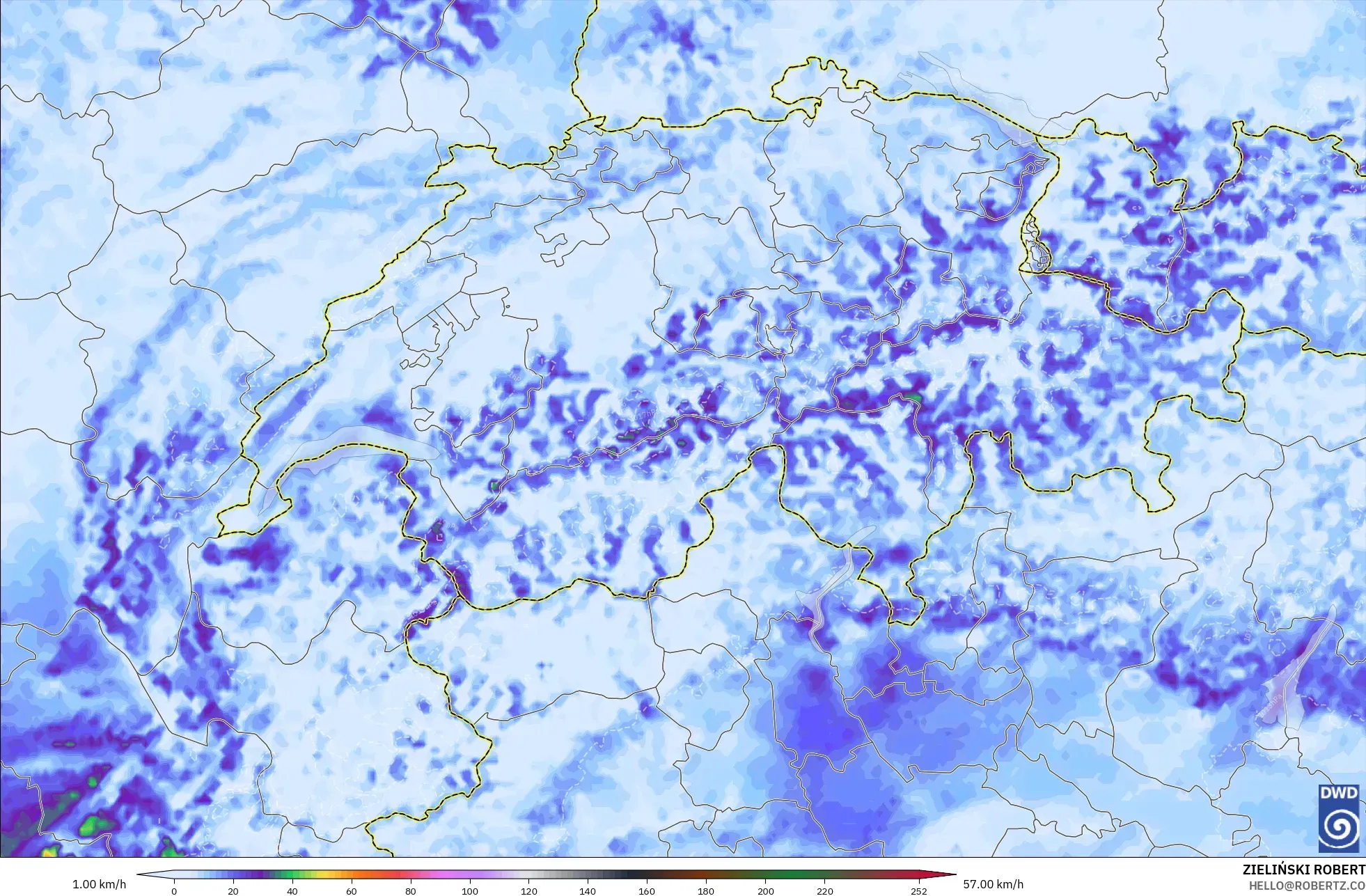 ICON Alemanha 2 km modelo - Suíça, Rajadas de Vento Máximas