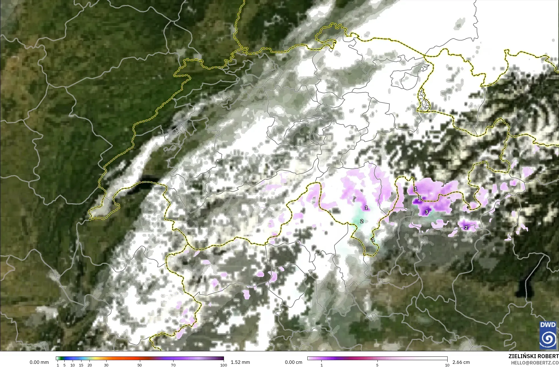 ICON Alemanha 2 km modelo - Suíça, Precipitação, nuvens e pressão