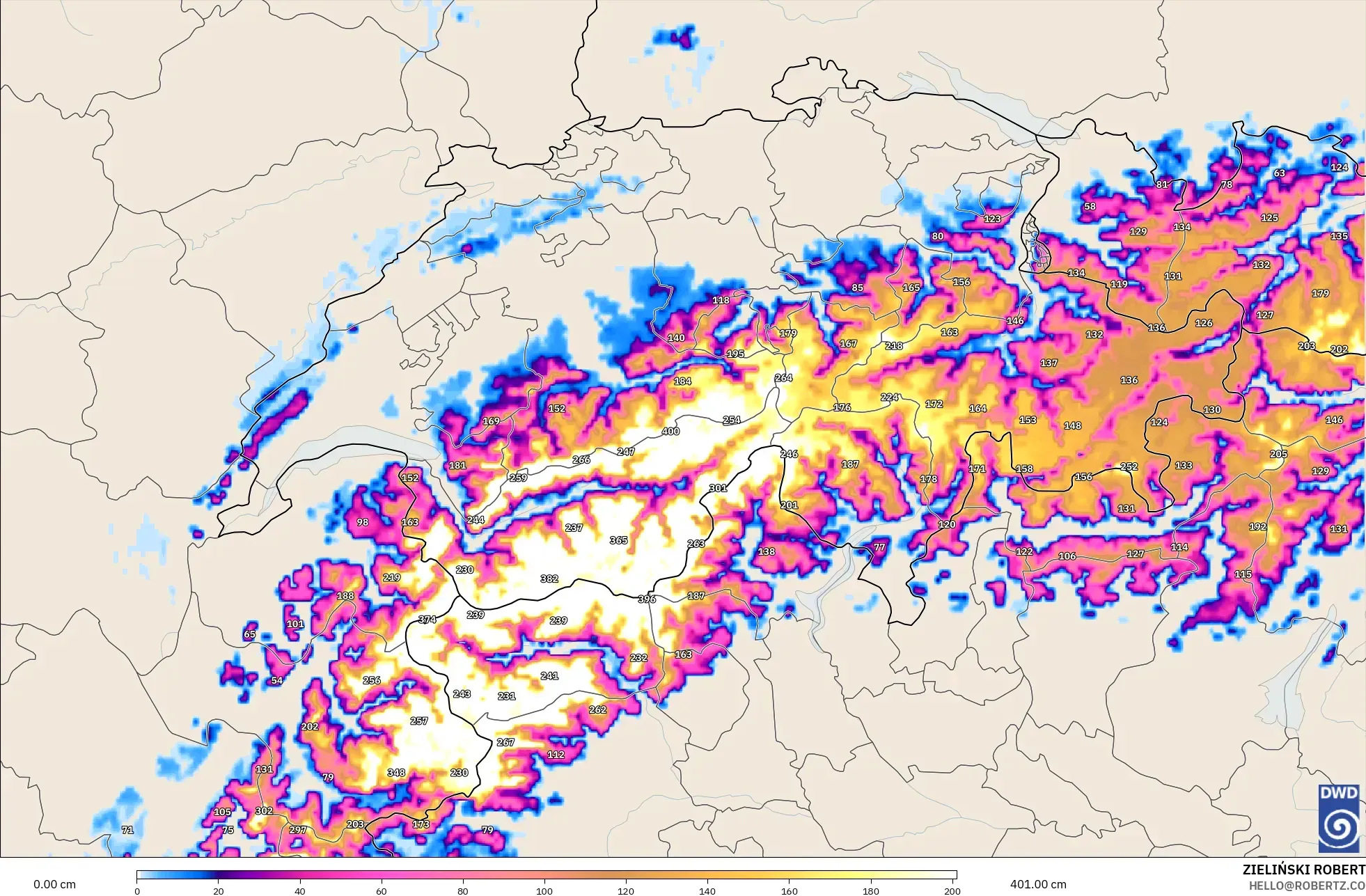 ICON Alemanha 2 km modelo - Suíça, Profundidade da neve