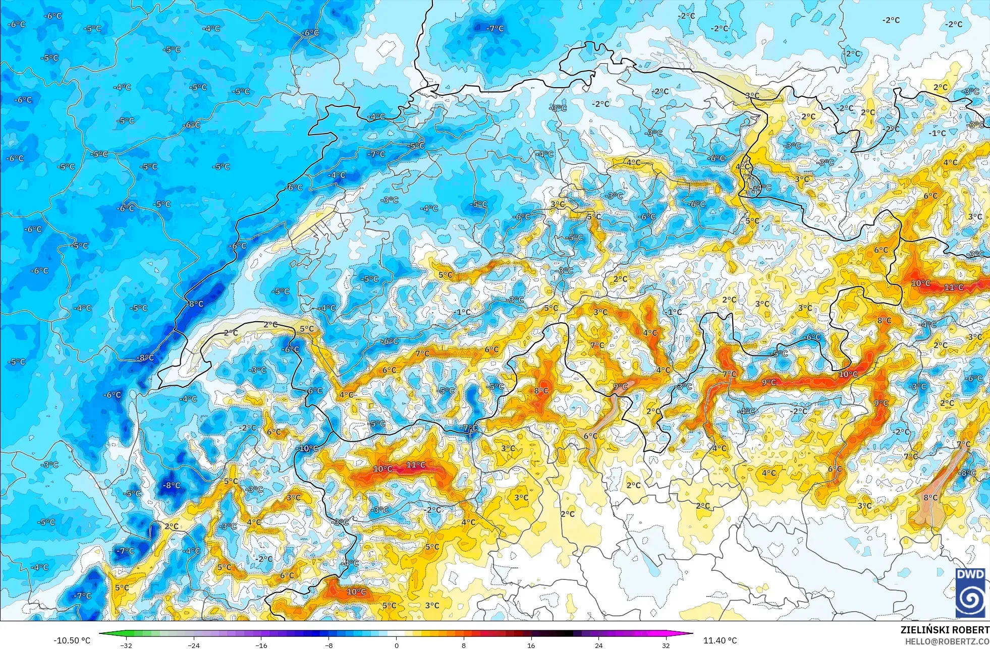 ICON Alemanha 2 km modelo - Suíça, Anomalia de temperatura a 2 m