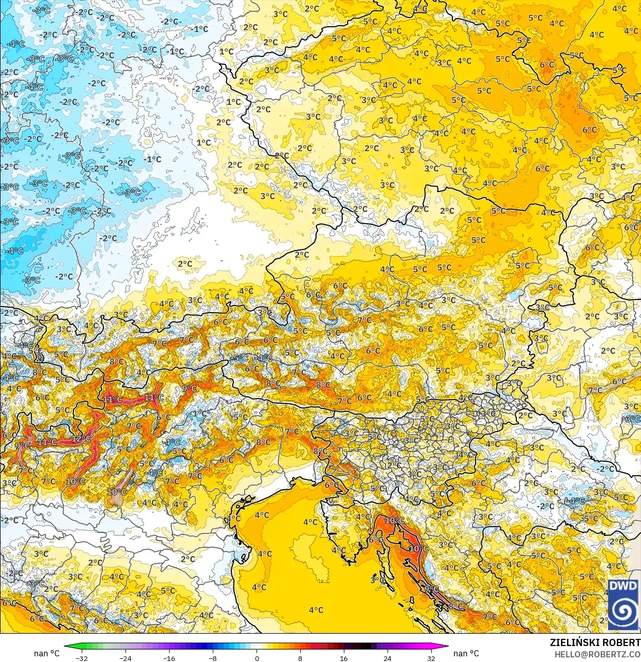 ICON Alemanha 2 km modelo - Áustria, Anomalia de temperatura a 2 m