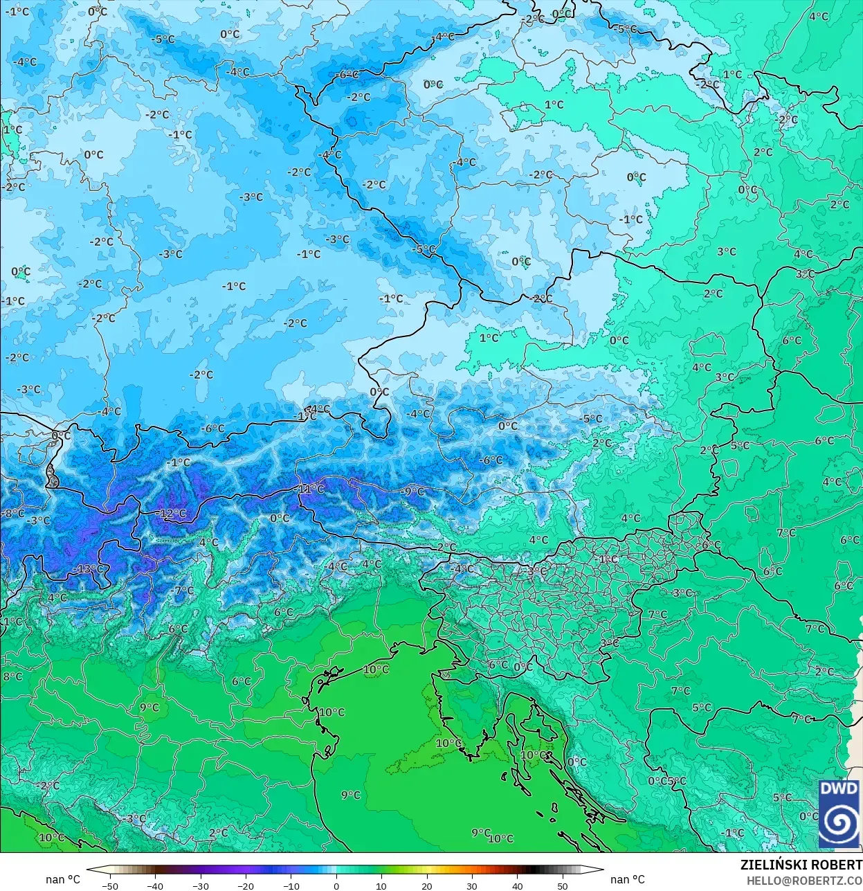 ICON Alemanha 2 km modelo - Áustria, Temperatura a 850 hPa