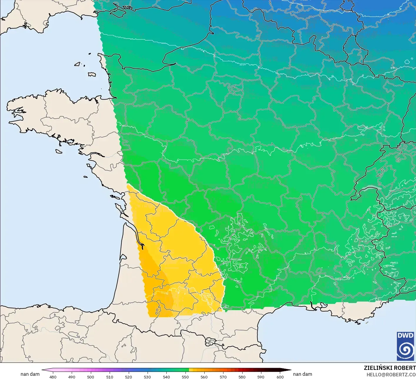 ICON Alemanha 2 km modelo - França, Altura geopotencial a 500 hPa