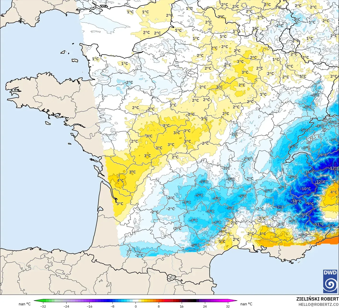ICON Alemanha 2 km modelo - França, Anomalia de temperatura a 850 hPa