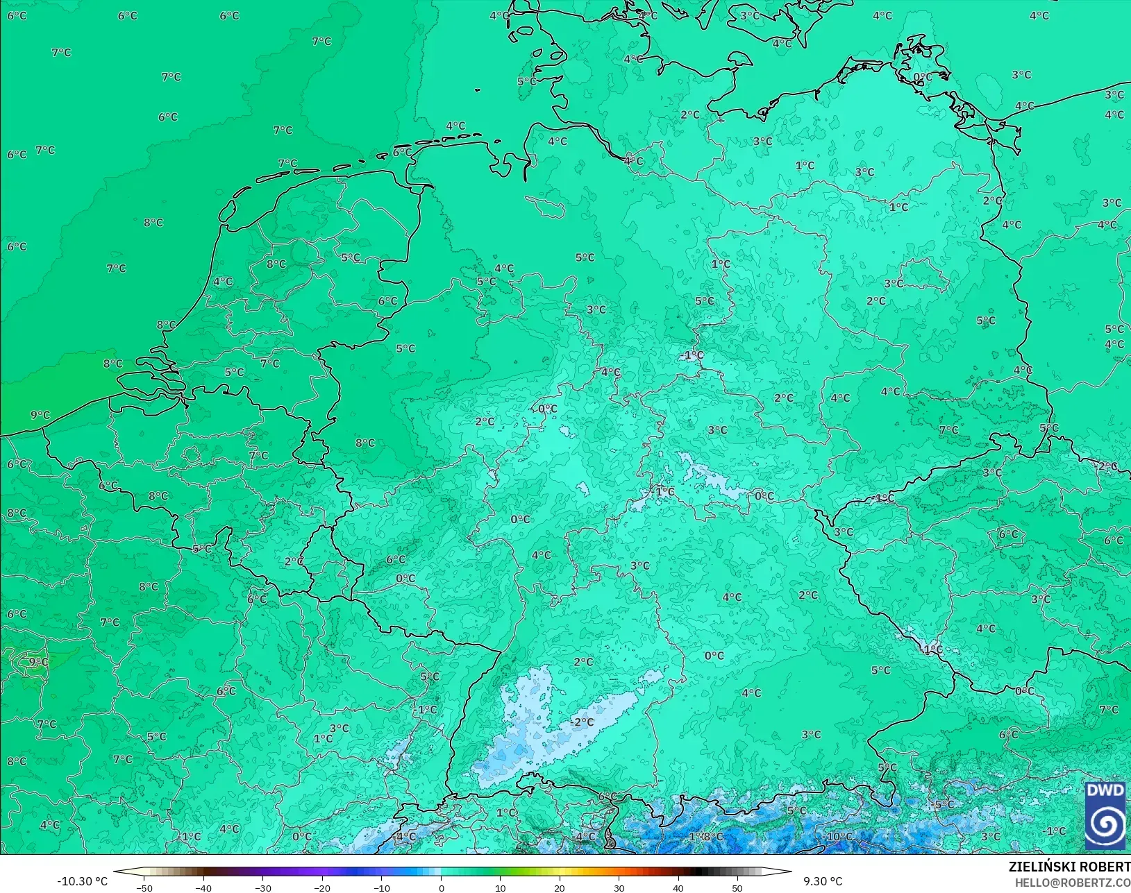 ICON Alemanha 2 km modelo - Alemanha, Temperatura a 2 m