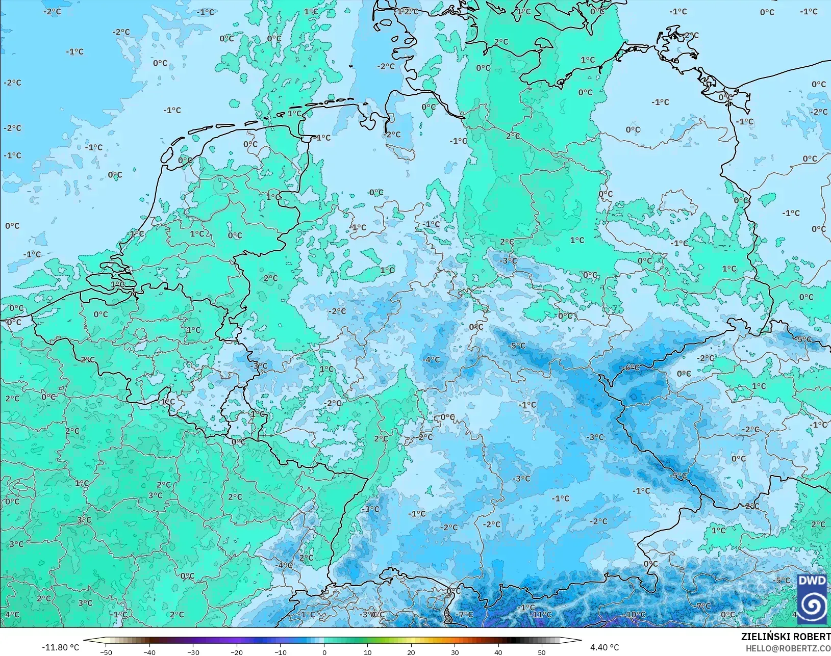 ICON Alemanha 2 km modelo - Alemanha, Temperatura a 850 hPa