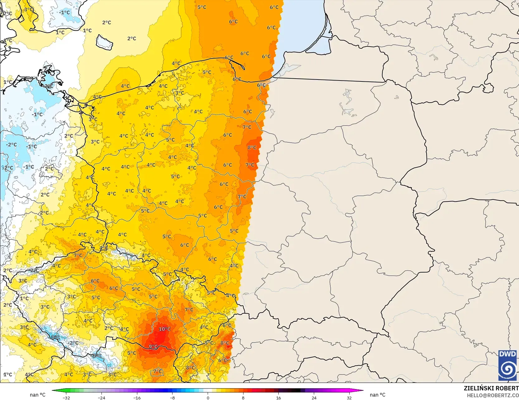 ICON Alemanha 2 km modelo - Polônia, Anomalia de temperatura a 2 m